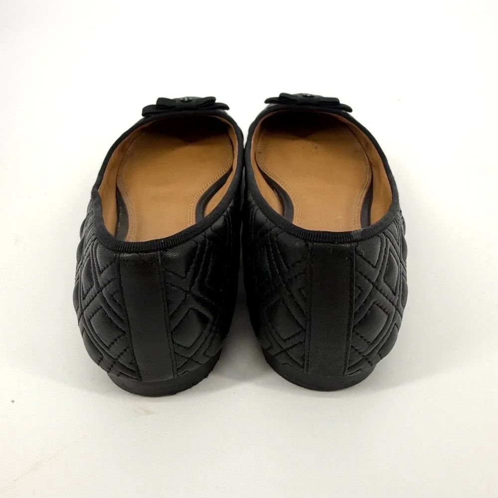 Tory Burch Marion 7.5M Quilted Leather Ballet Flats Bow Black Round Toe Minimal